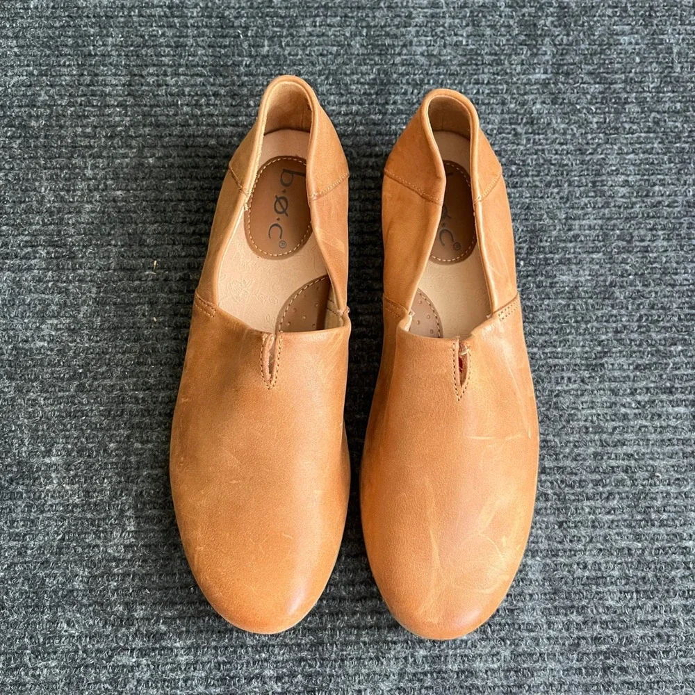 b.o.c. Born Concept Tan Leather Loafer Flats preppy women 8 Brown Slip On casual